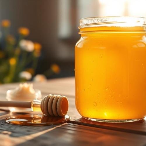 A-close-up-composition-featuring-a-jar-of-golden-honey-with-visible-moisture-droplets-on-the