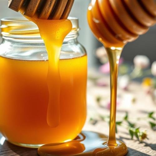 A-close-up-shot-of-a-jar-of-honey-with-a-rich-golden-texture-showcasing-the-smooth-viscous