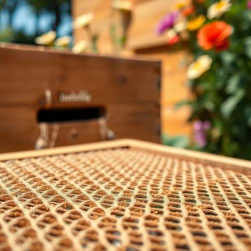 A-close-up-view-of-a-beehives-bottom-ventilation-mesh-intricately-designed-to-promote-airflow