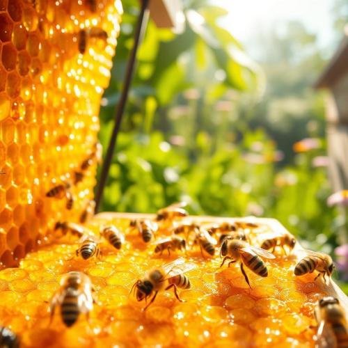A-close-up-view-of-a-hexagonal-honeycomb-section-filled-with-golden-glistening-honey
