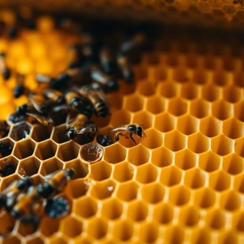 A-close-up-view-of-a-honeycomb-frame-inside-a-beehive-showcasing-the-delicate-hexagonal-cells-