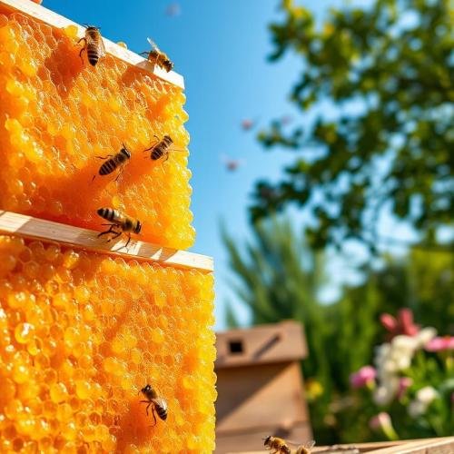 A-close-up-view-of-honey-supers-stacked-on-a-beehive-in-a-vibrant-sunlit-apiary.-In-the
