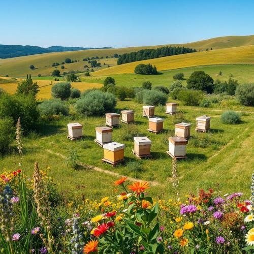 A-detailed-forage-map-illustrating-optimal-hive-placement-in-a-lush-blooming-landscape.-In-the