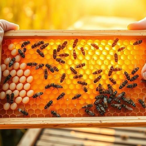 A-detailed-illustration-of-a-beekeepers-hands-carefully-holding-a-frame-filled-with-various