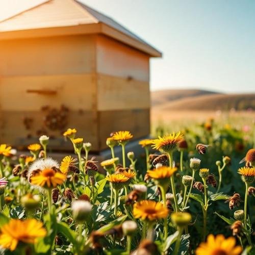 A-lush-vibrant-bee-forage-scene-in-the-foreground-showcasing-a-variety-of-wildflowers-such-as