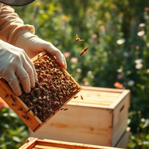 A-serene-apiary-scene-showcasing-a-beekeeper-in-professional-business-attire-gently-opening-a-