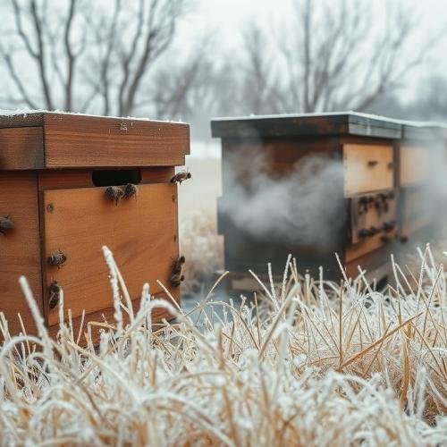 A-serene-beekeeping-scene-showcasing-the-effects-of-humidity-in-a-winter-setting.-In-the