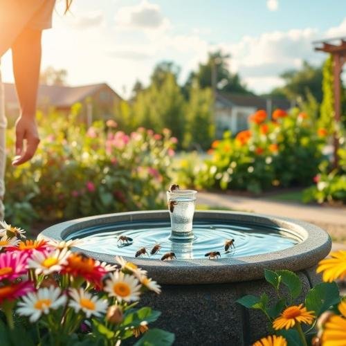 A-serene-garden-scene-focused-on-pollinator-management-amidst-climate-challenges.-In-the