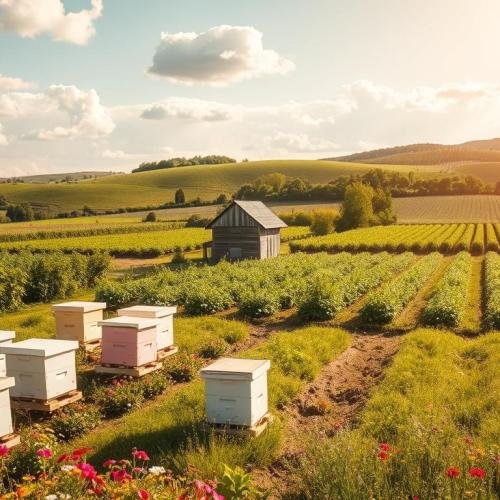 A-serene-landscape-showcasing-a-well-organized-agricultural-plot-divided-into-clear-areas