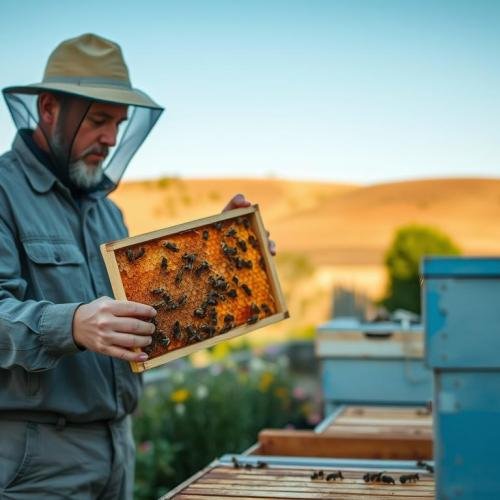 A-serene-scene-depicting-a-professional-beekeeper-in-modest-casual-attire-thoughtfully