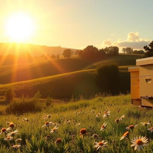 A-vibrant-sun-radiates-warm-golden-light-in-a-clear-blue-sky-casting-soft-shadows-on-a