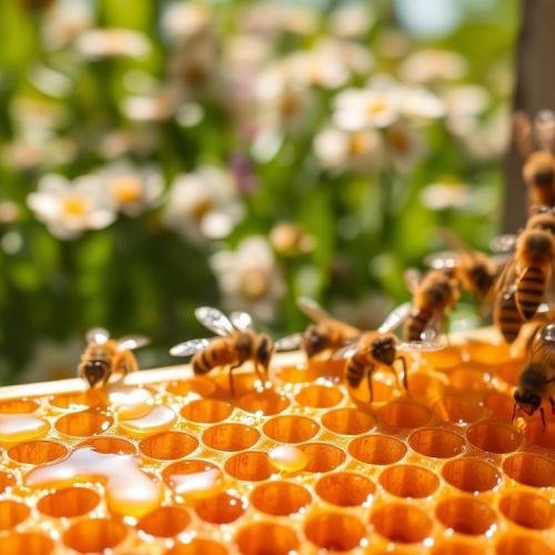 A-vividly-detailed-syrup-feeding-comb-placed-prominently-in-the-foreground-showcasing-an