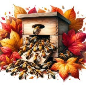 Beehive surrounded by vivid autumn foliage as the colony heads into fall