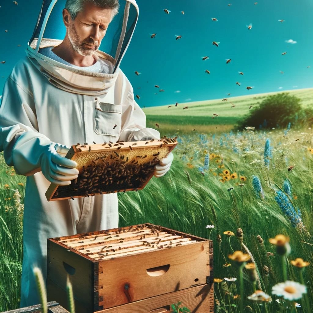 Beekeeper inspecting a hive frame in a green summer field