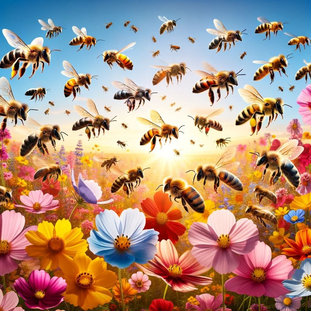 Large group of bees flying over a colorful wildflower field at sunset