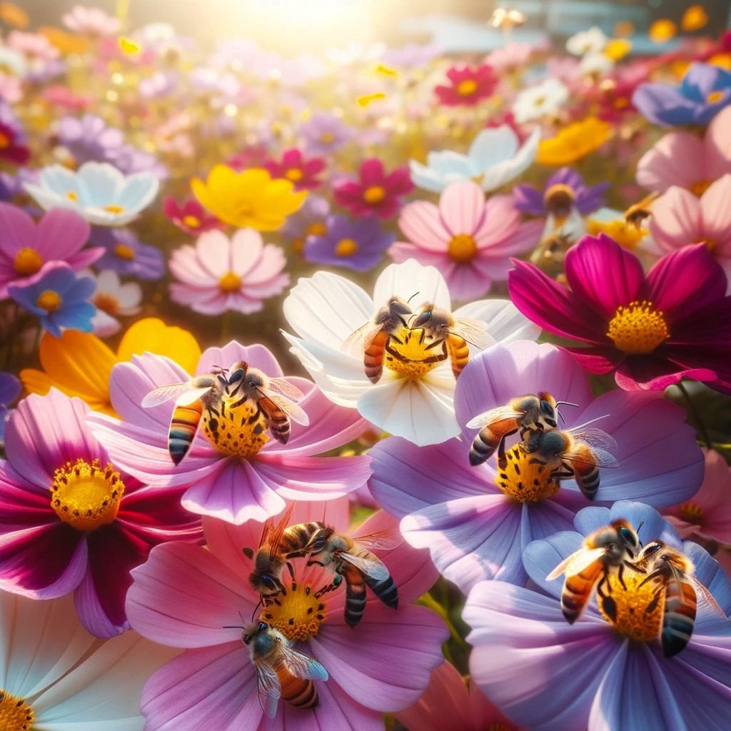 Bees foraging across a colorful field of summer flowers