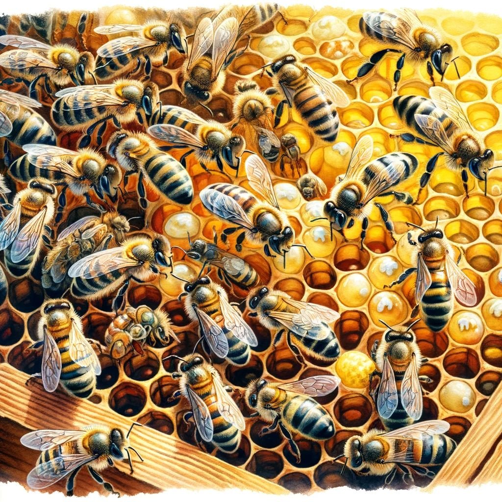 Bees working across a busy frame of honeycomb cells filled with pollen