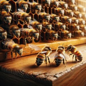 Bustling honey bee colony with workers moving efficiently across capped honeycomb near the hive entrance
