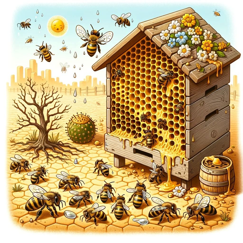 Illustration contrasting a hive in a drought-stressed landscape with flowering resources on its roof