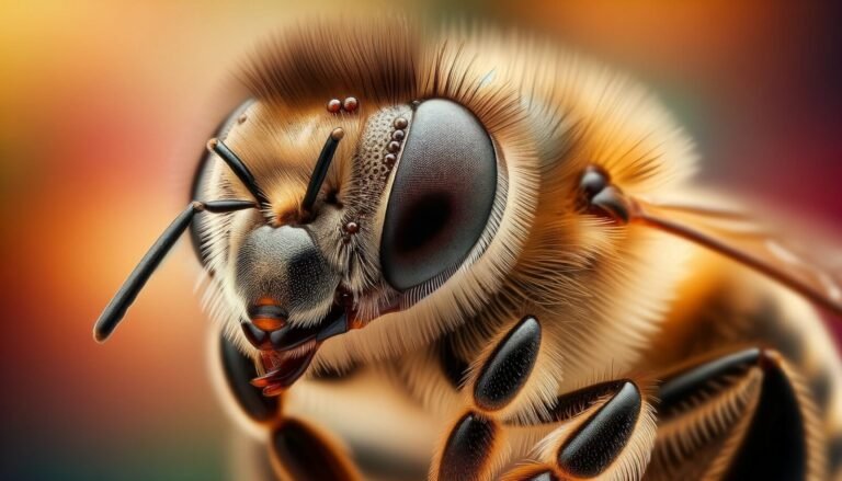Close-up of a honeybee's head showing its compound eye, antennae, and mouthparts