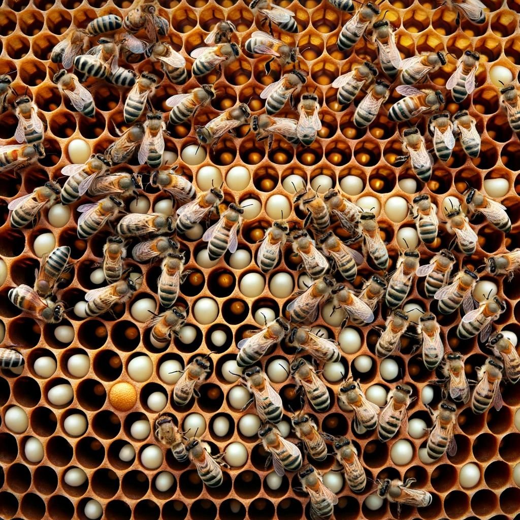 Close-up of plump, healthy larvae in open cells surrounded by capped brood