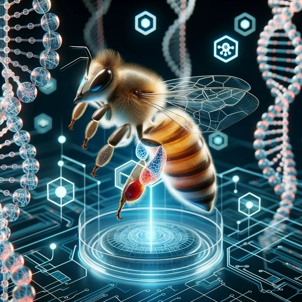 Futuristic illustration of a honeybee above a holographic platform surrounded by DNA strands and molecular icons