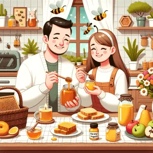 Cartoon illustration of a smiling couple tasting honey from jars in a kitchen stocked with hive products