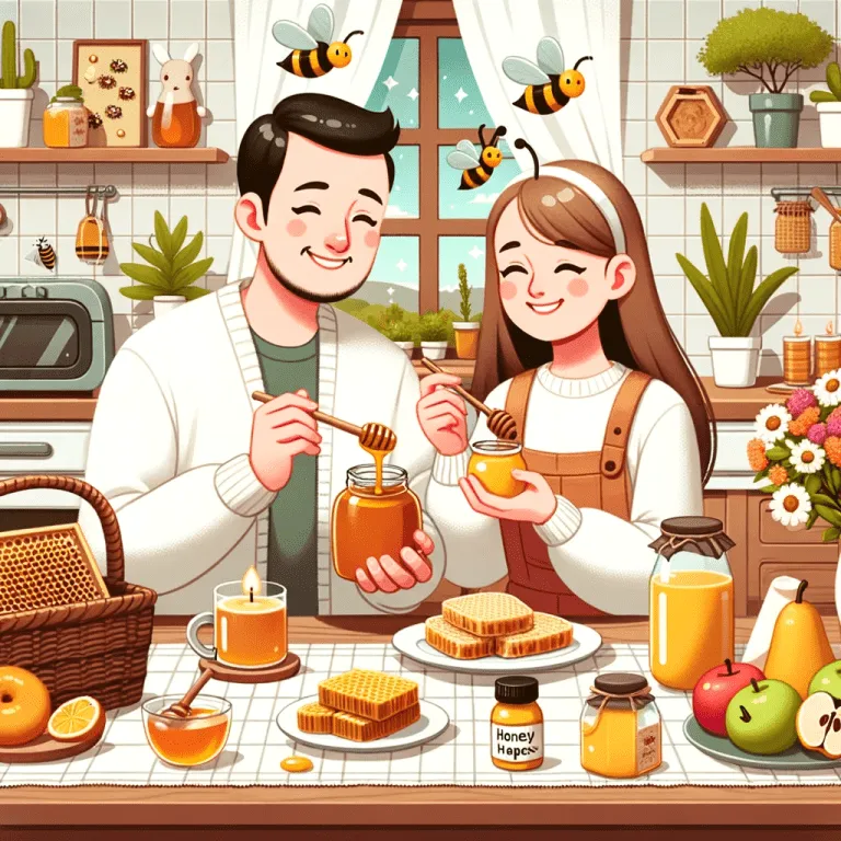 Cartoon illustration of a smiling couple tasting honey from jars in a kitchen stocked with hive products