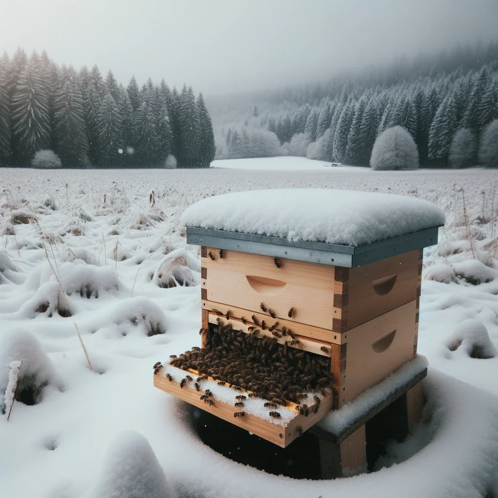 A hollowed log hive with bees at the entrance, standing in a snow-covered clearing