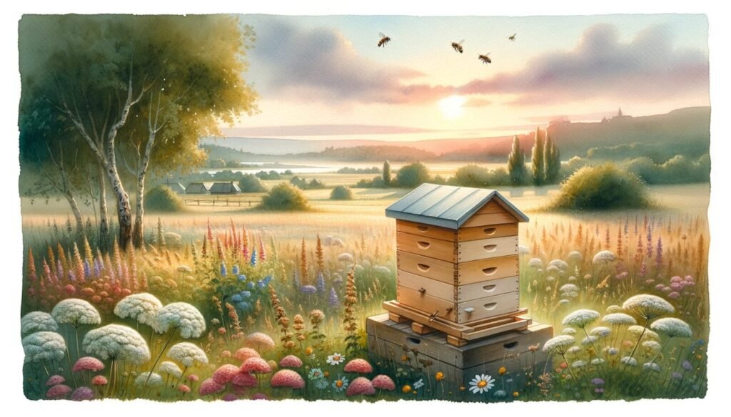 Insulated beehive with thick walls compared to a standard wooden hive box