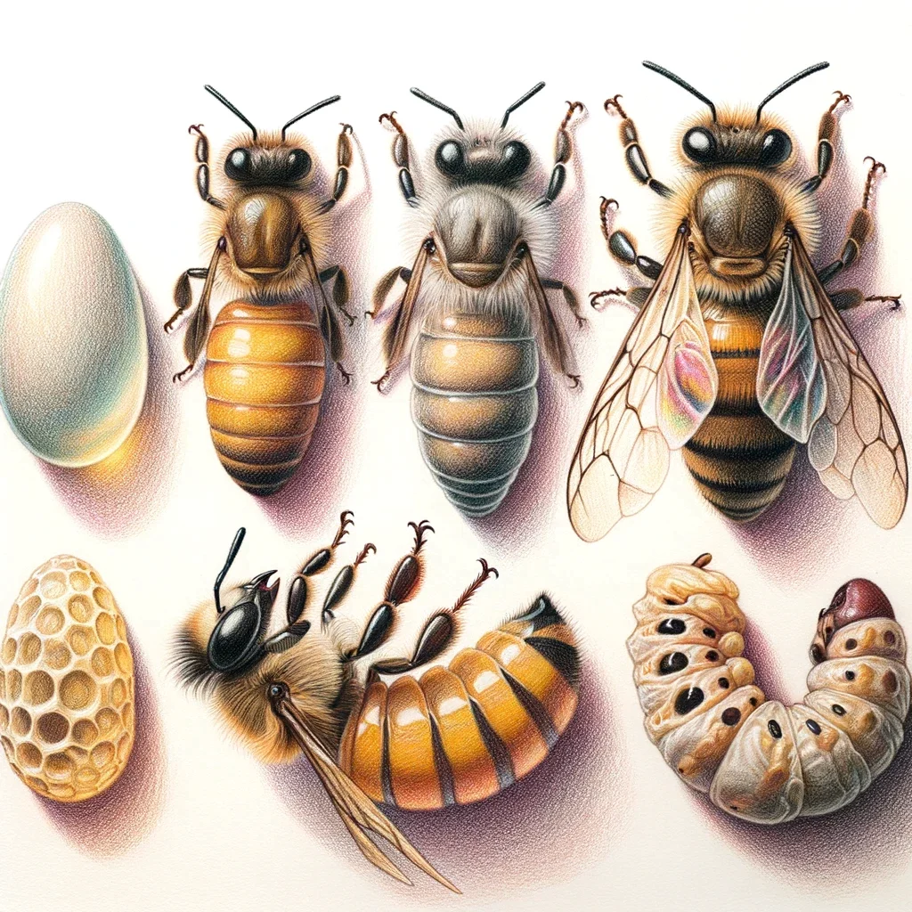 Illustrated comparison of bee eggs, adult bees, and developing larvae side by side