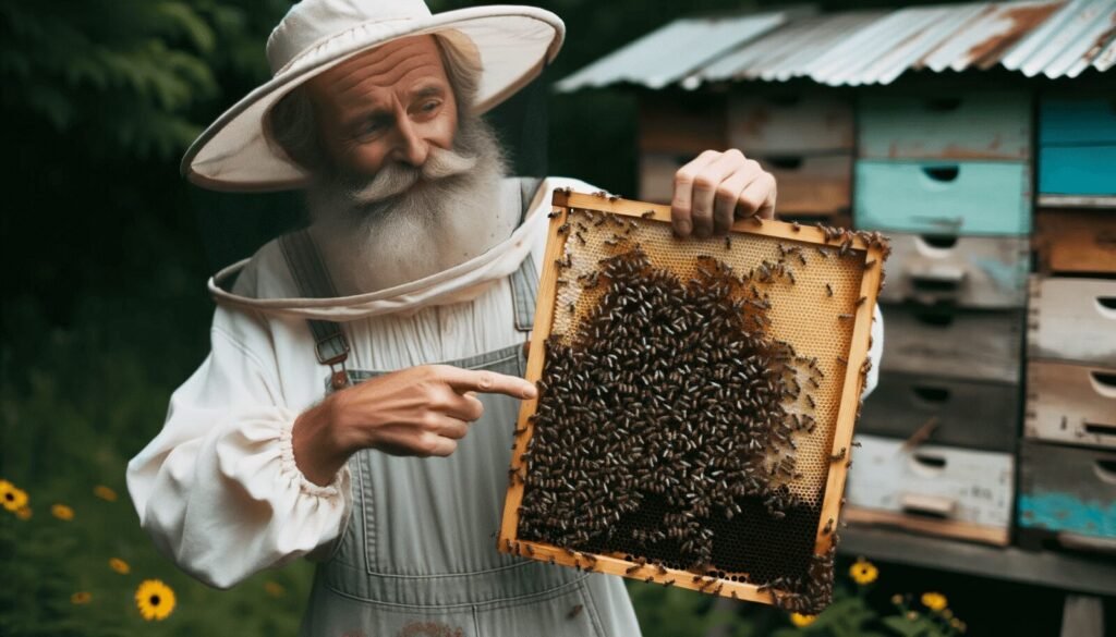 Beekeeper holding up a frame densely covered with bees near propolis-sealed edges