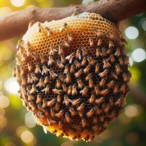 Honeybees building an exposed honeycomb hanging from a tree branch