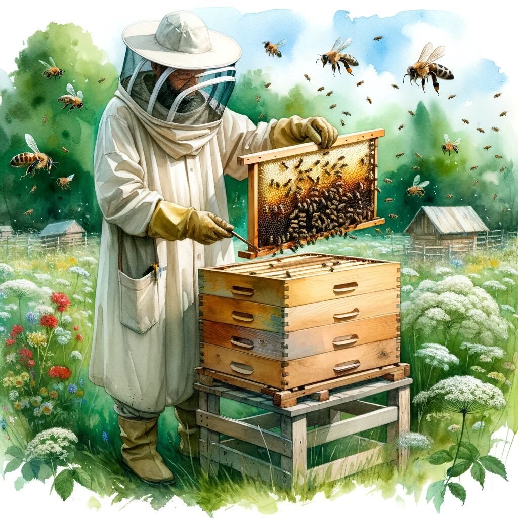 Beekeeper in protective gear inspecting a frame pulled from a hive box