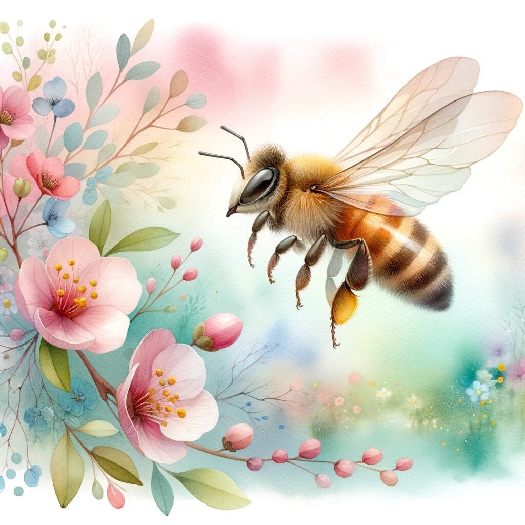 Watercolor-style illustration of a honey bee near blossom flowers