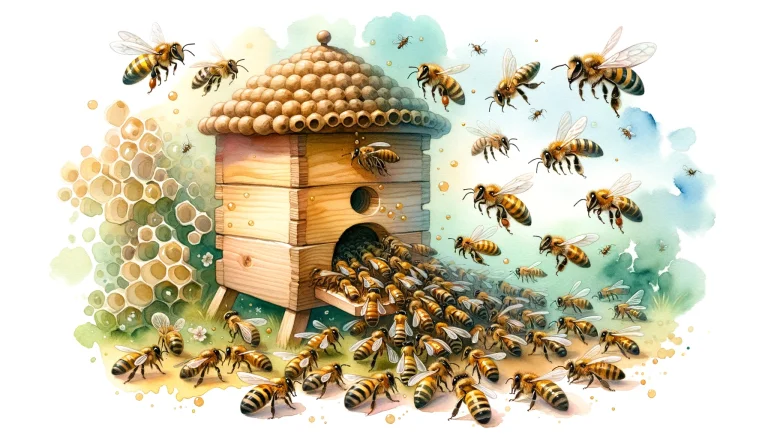 Watercolor illustration of a wooden beehive with bees swarming around the entrance