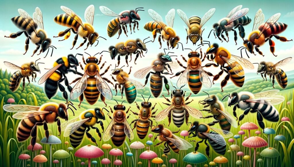 Honey bee and bumblebee foraging together on the same flowering plant