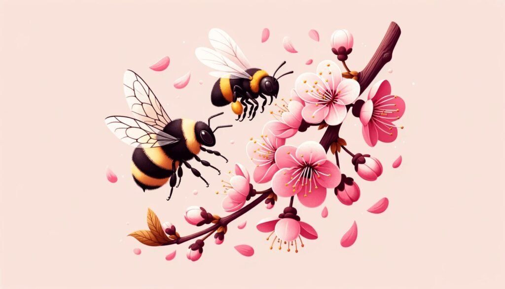 Two bees foraging together on pink cherry blossom flowers