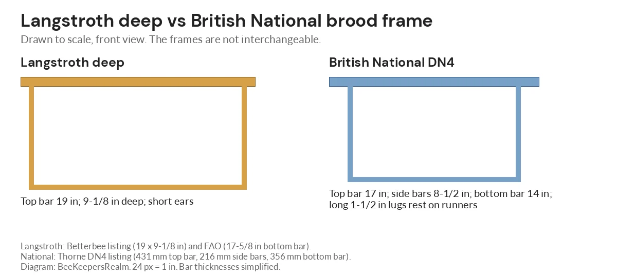 To-scale diagram comparing a 19 inch Langstroth deep frame with a 17 inch British National DN4 brood frame