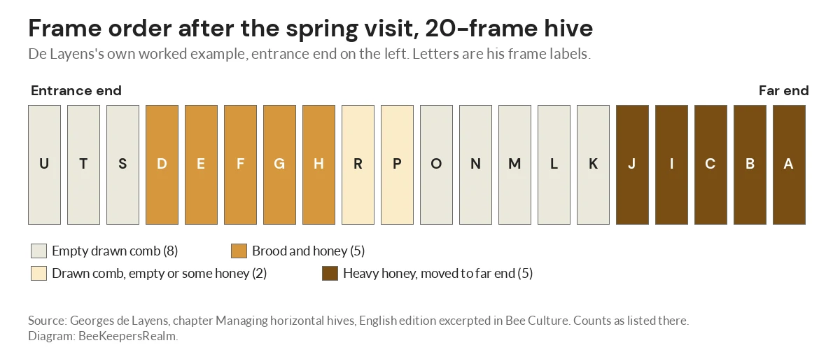Diagram of a 20-frame Layens hive after the spring visit, with empty, brood, drawn and honey frames in order