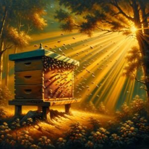 Sunlit beehive glowing in a forest clearing with bees streaming in and out