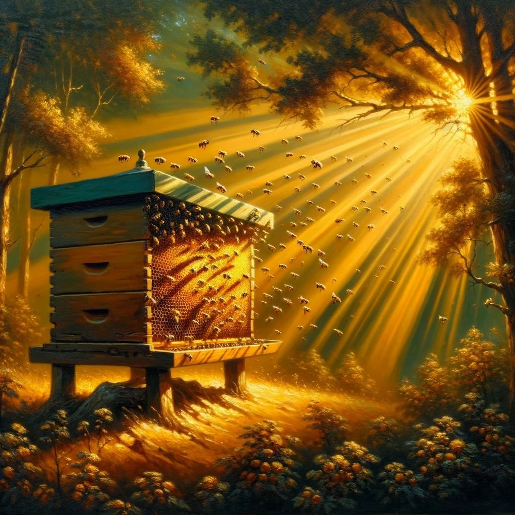 Sunlit beehive glowing in a forest clearing with bees streaming in and out