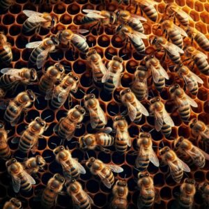 Dense group of worker bees covering cells on a frame of honeycomb