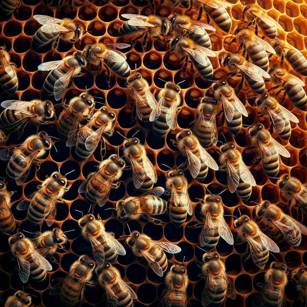 Dense group of worker bees covering cells on a frame of honeycomb