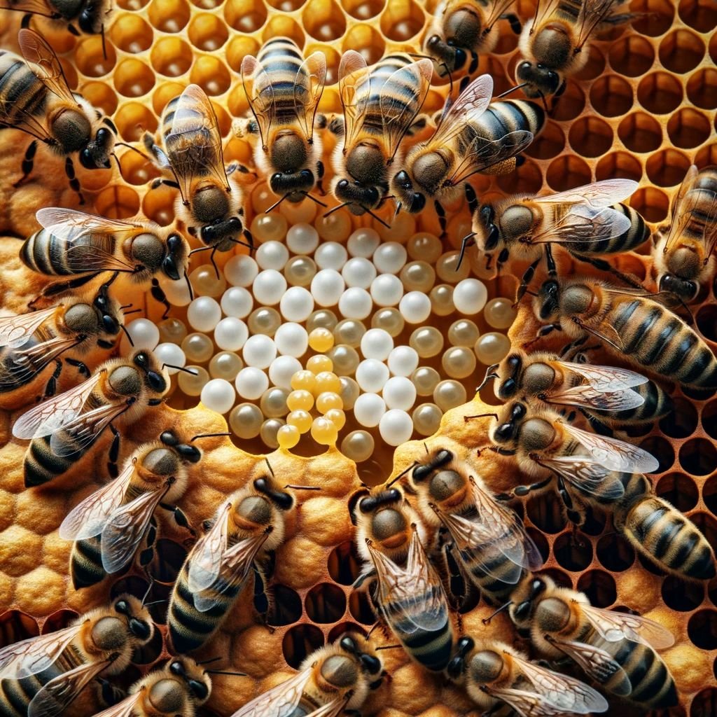 Worker bees surrounding a circular cluster of eggs on honeycomb