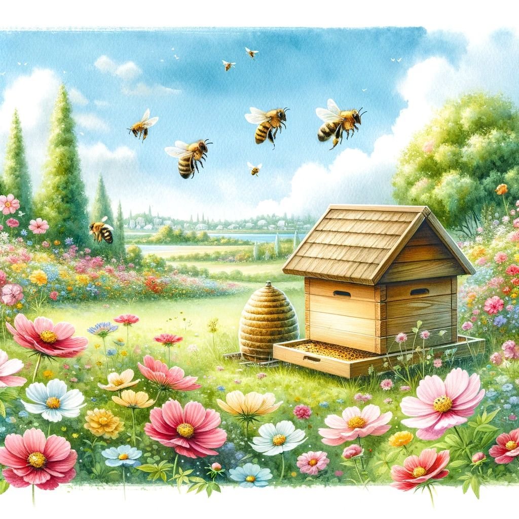 Worker bees returning to a productive hive entrance carrying pollen loads from foraging