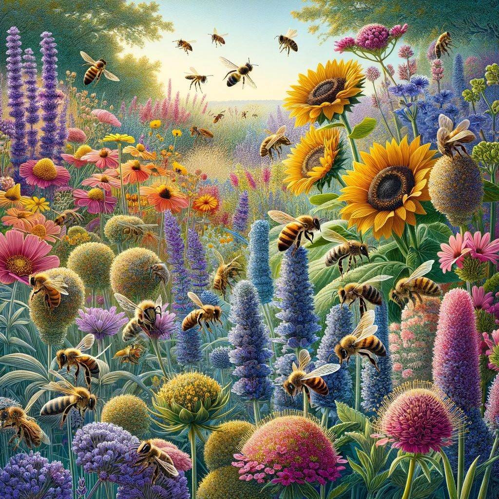 Illustration of a bee-friendly garden with sunflowers, lavender-like spikes, and foraging bees