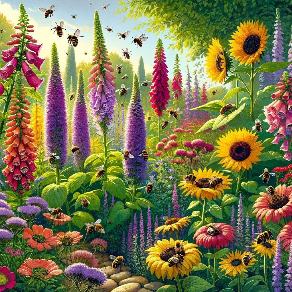 Illustration of foxgloves, sunflowers, and coneflowers with bees in a dense pollinator garden