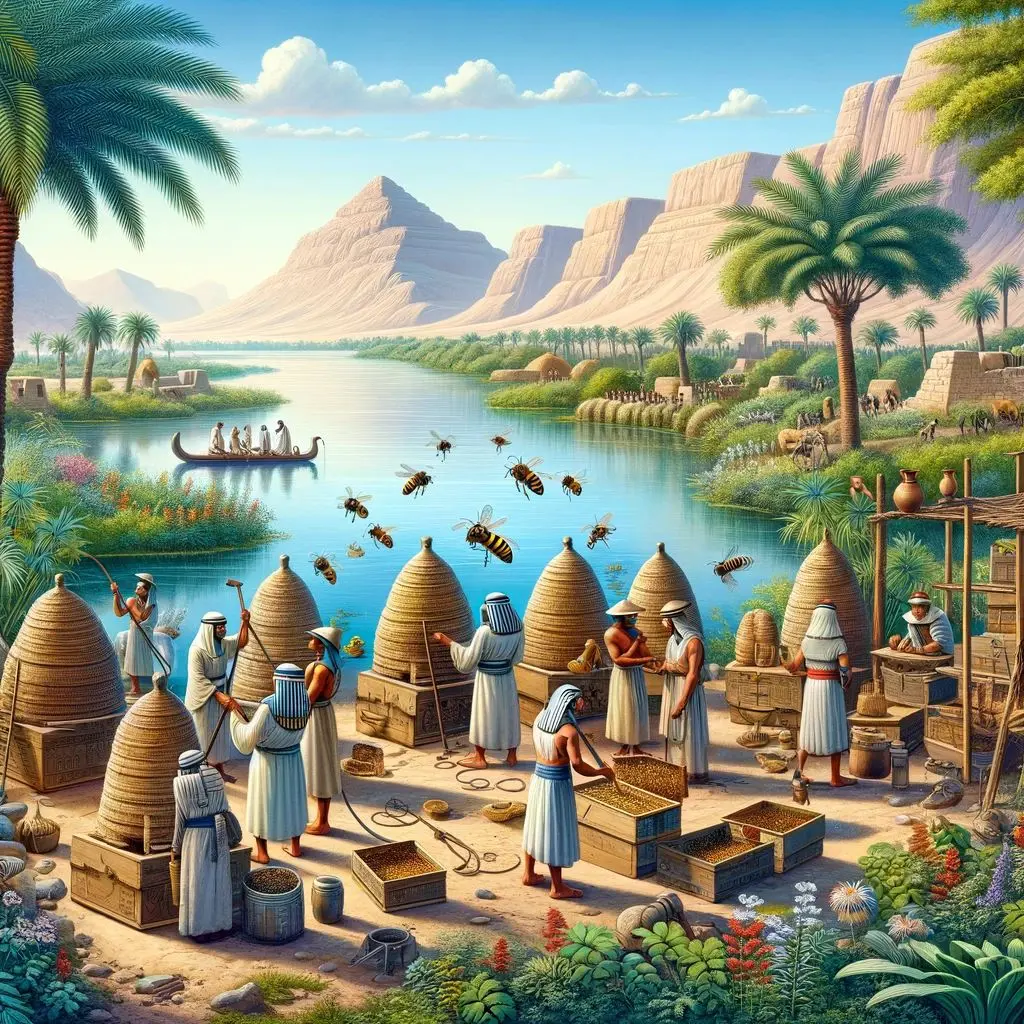Ancient Egyptian tomb painting depicting clay beehives stacked in rows