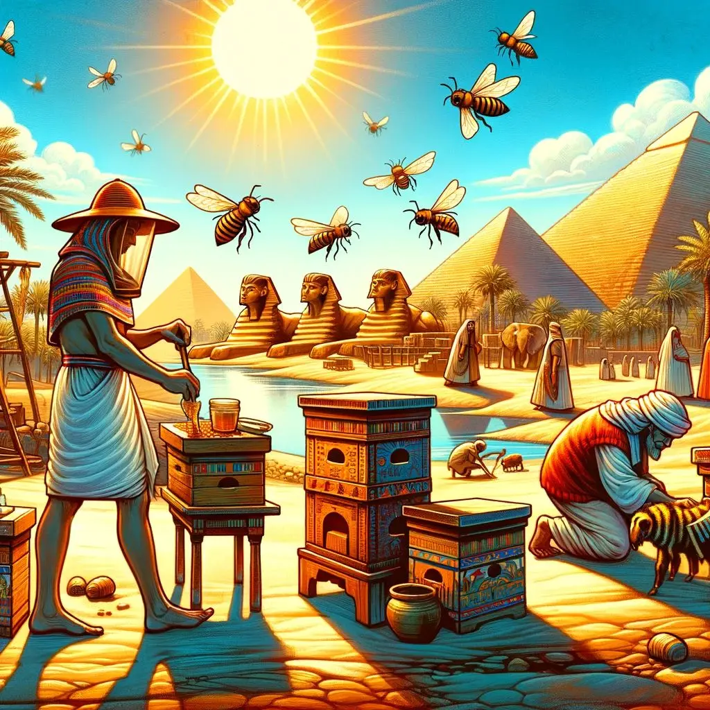 Illustration of stacked cylindrical clay beehives used in ancient Egyptian apiaries